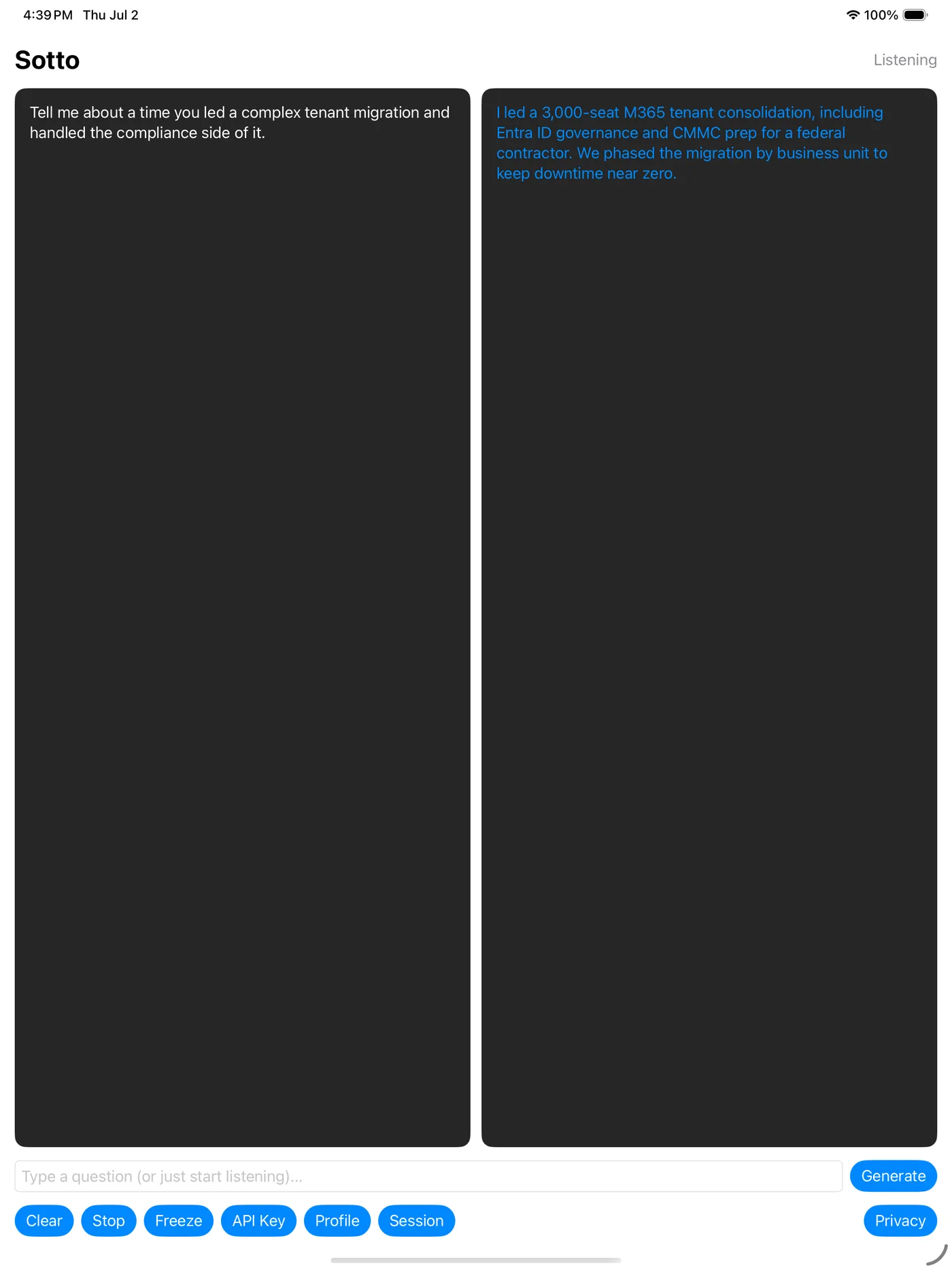 Sotto on iPad with the transcript and suggested answer side by side