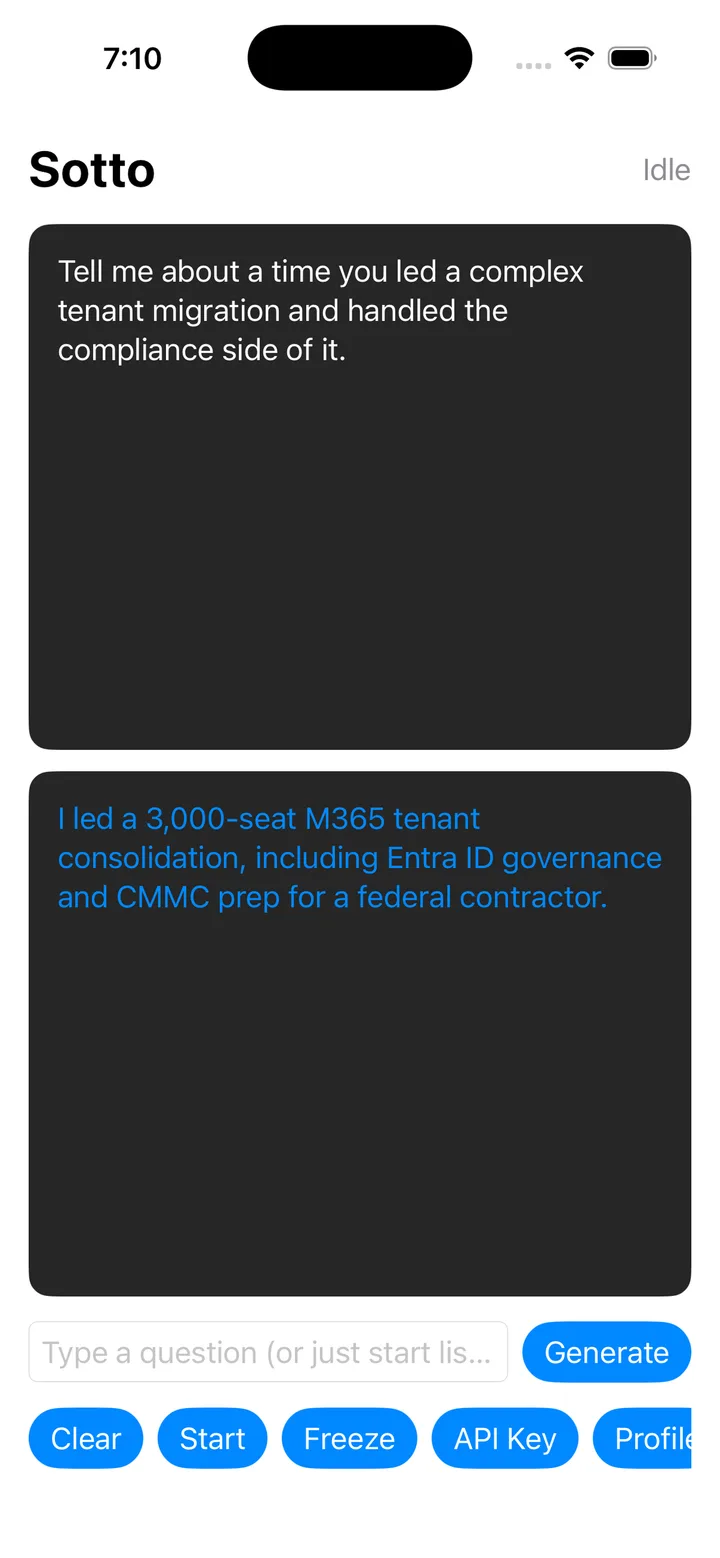 Sotto on iPhone showing a live interview question and a suggested answer