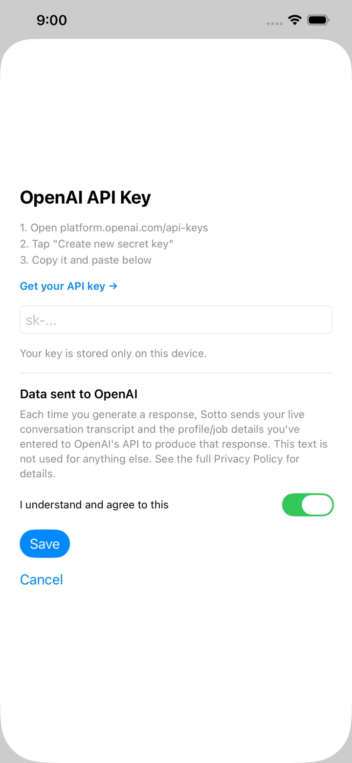 Sotto privacy screen explaining on-device transcription