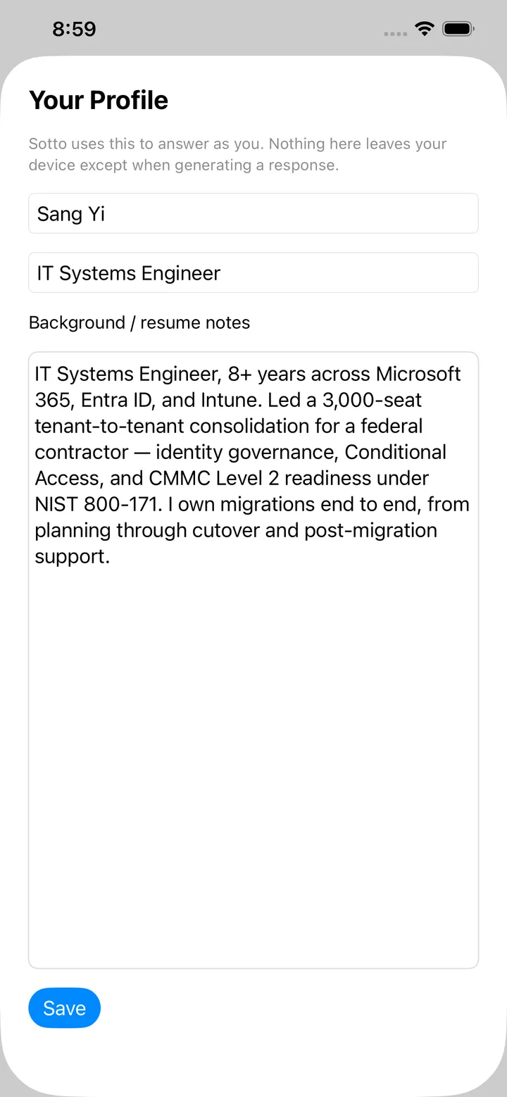 Sotto profile screen with name, role, and background notes